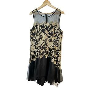 TAHARI ASL gold embroidered floral dress black sheer party cocktail woman's 12